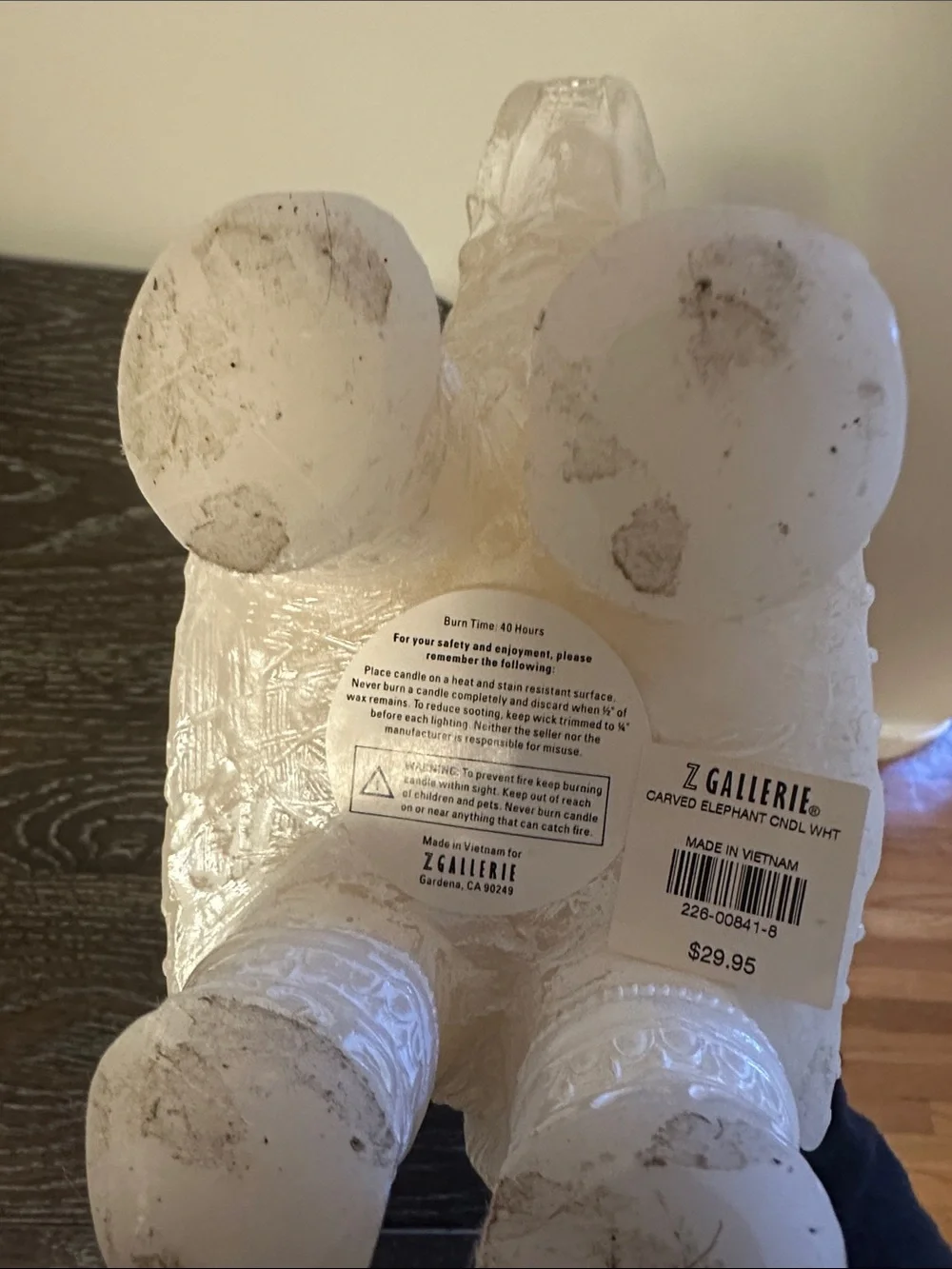 Z Gallerie White Carved Elephant Bath & Body Candle